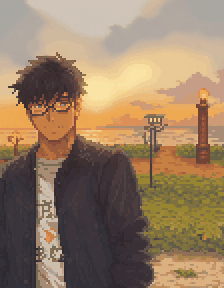 Pixel-art portrait of Shuyu Gan at sunset